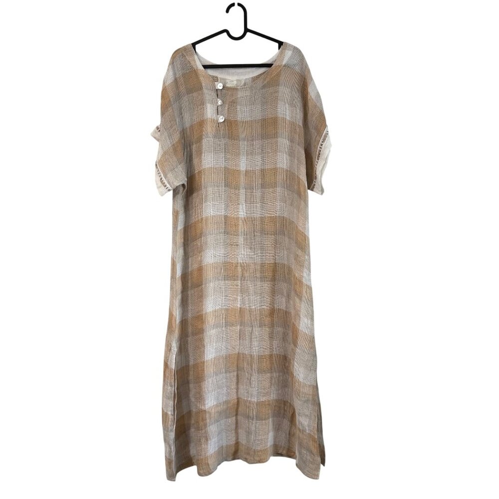 Marilu Italy Tan Check 100% Linen Woven Short Sleeve Maxi Dress Womens Medium